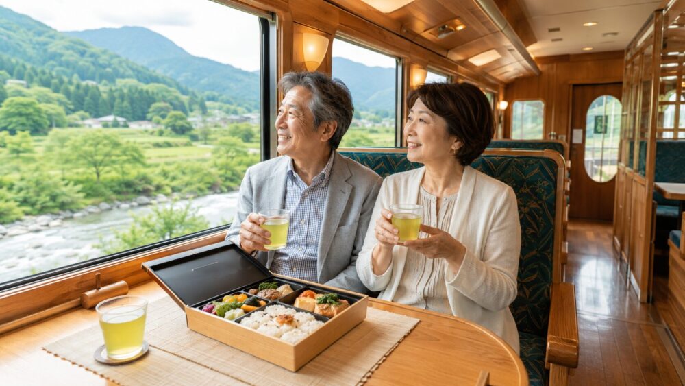 ゆふいんの森号でお弁当を食べる