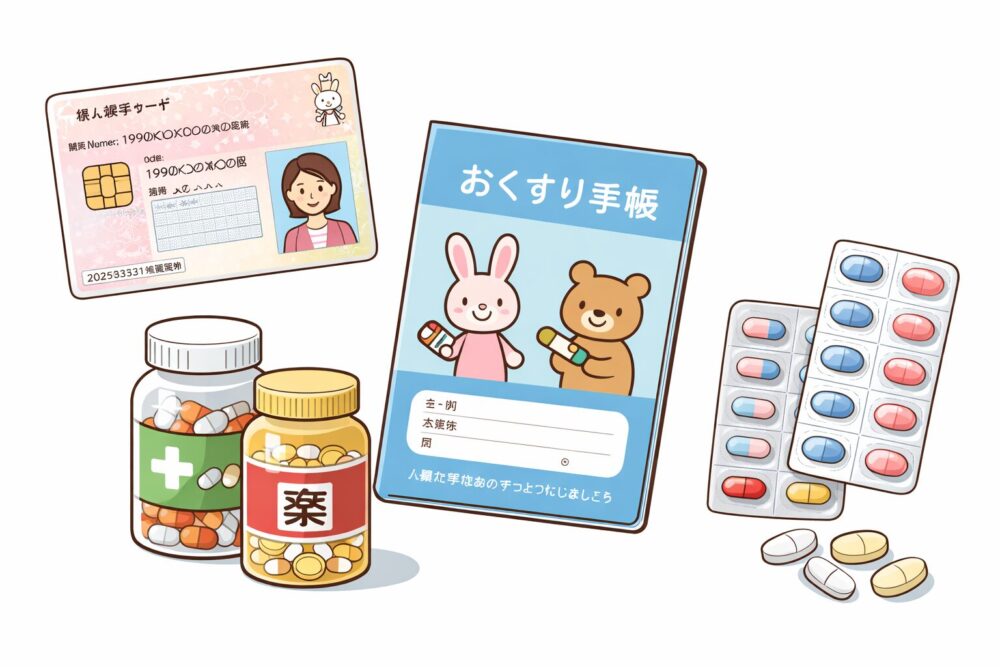 マイナンバーカード、おくすり手帳、常備薬