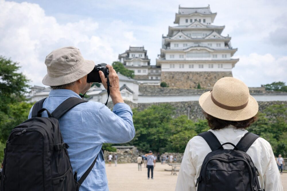 シニア旅行者がお城の写真撮影